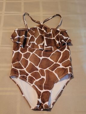 Janie And Jack Girl's Giraffe Print Ruffle One-Piece Swimsuit - Brown/White Sz5